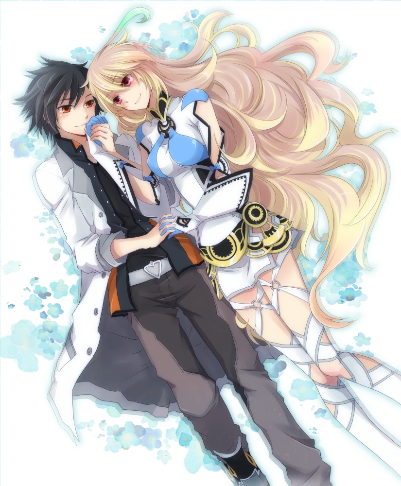 1girl, ahoge, belt, black_hair, blonde_hair, brown_eyes, coat, couple