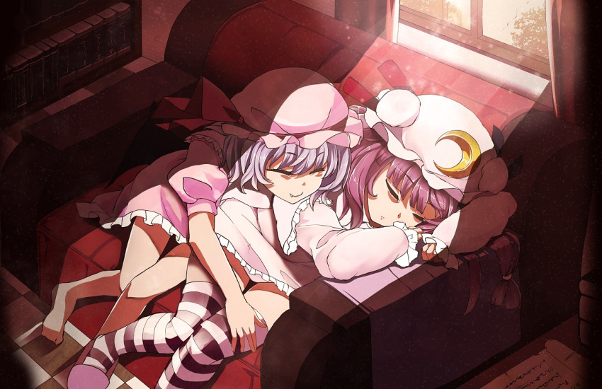 bare_legs, barefoot, blue_hair, book, bookshelf, capelet, closed_eyes, couch