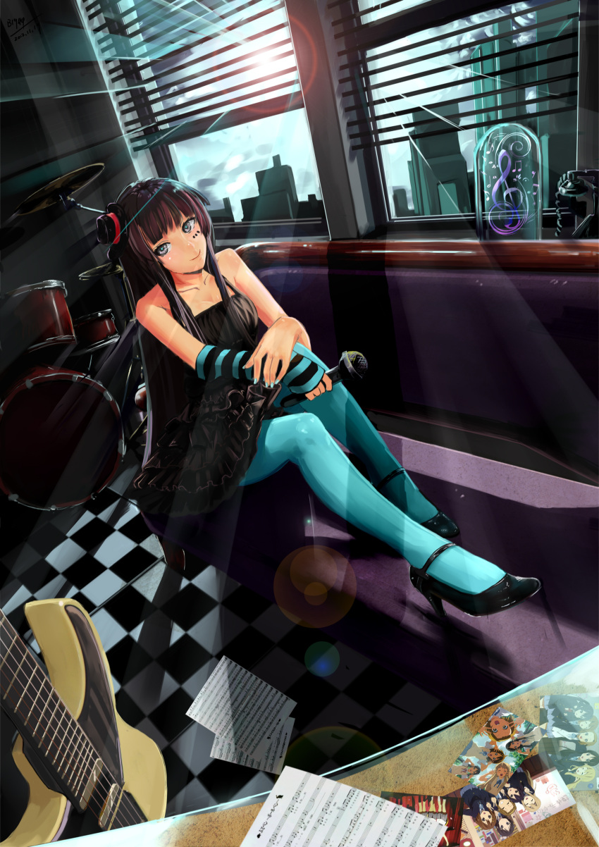 absurdres, akiyama_mio, aqua_legwear, aqua_nails, bare_shoulders, bbkid, black_eyes, black_hair, blinds, blue_legwear, bunny, cane, checkered, checkered_floor, corded_phone, couch, dated, don't_say_"lazy", don't_say_"lazy", dress, drum, drum_set, dutch_angle, electric_guitar, facepaint, fingerless_gloves, gloves, guitar, hat, head_tilt, heart, high_heels, highres, hime_cut, instrument, k-on!, lens_flare, light_smile, long_hair, looking_at_viewer, microphone, mini_top_hat, musical_note, nail_polish, pantyhose, phone, photo_(object), room, rough, sheet_music, shoes, signature, sitting, solo, star, striped, sun, sunbeam, sunlight, top_hat, window