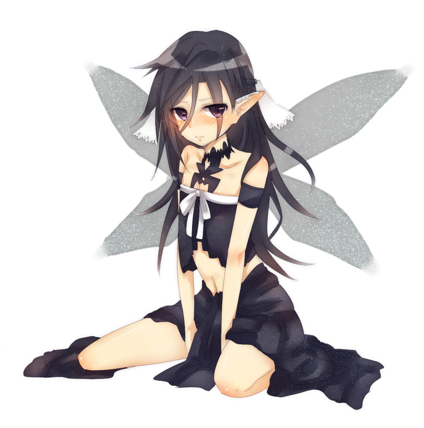 1boy, androgynous, black_eyes, black_hair, cosplay, dress, fairy_wings, highres