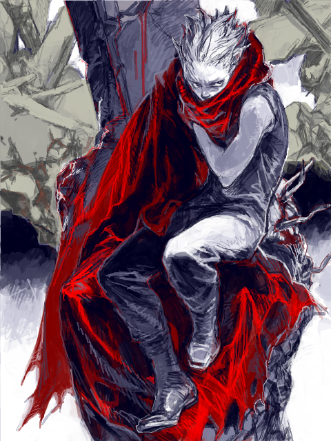 akira, arisu-no-neko, boots, cape, debris, shima_tetsuo, sitting, solo