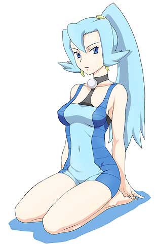 barefoot, blue_eyes, blue_hair, earrings, gym_leader, high_ponytail, ibuki_(pokemon), jewelry, long_hair, lowres, mo-mo, pokemon, pokemon_(game), pokemon_hgss, seiza, sitting, solo
