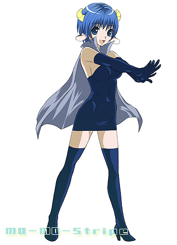 animal_ears, bare_shoulders, blue_eyes, blue_hair, boots, breasts, cape, cow_ears