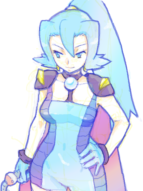 blue_eyes, blue_hair, bodysuit, earrings, gloves, gym_leader, hand_on_hip, high_ponytail