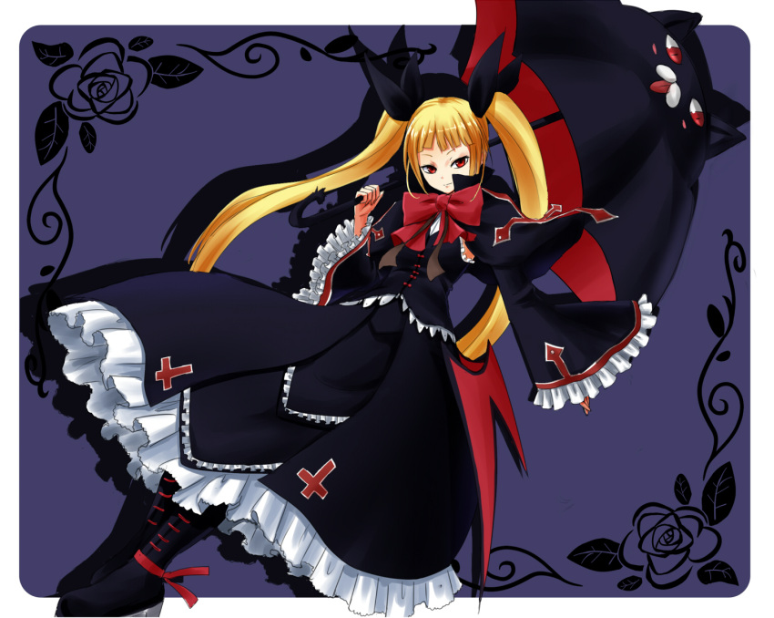 blazblue, blonde_hair, boots, dress, frilled_dress, frills, gii, gothic_lolita, hair_ribbon, highres, lolita_fashion, long_hair, nago, rachel_alucard, red_eyes, ribbon, solo, takkayaa_(wasshi3), umbrella