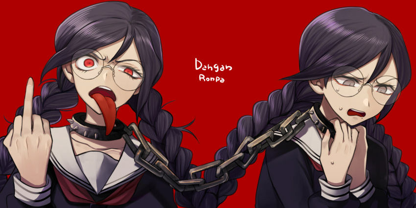 black_hair, braid, collar, dangan_ronpa, dual_persona, fukawa_touko, genocider_syo, glasses, harano, highres, long_hair, middle_finger, red_background, red_eyes, school_uniform, serafuku, twin_braids, twintails