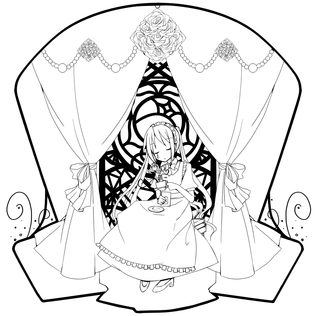 closed_eyes, dress, eyes_closed, hatsune_miku, lineart, long_hair, monochrome, mugimaro35, solo, vocaloid