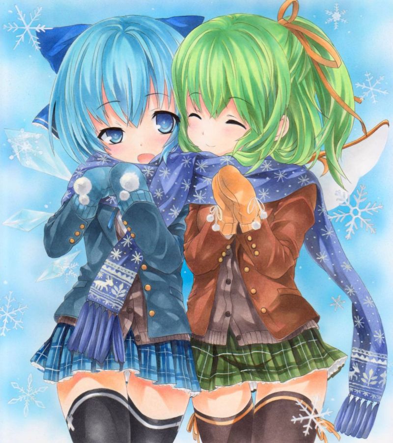alternate_costume, black_legwear, blue_eyes, blue_hair, blush, cheek-to-cheek, cirno, closed_eyes, contemporary, cuddling, daiyousei, eyes_closed, fairy_wings, happy, ice, ice_wings, marker_(medium), mittens, multiple_girls, pastel_(medium), plaid, plaid_skirt, scarf, shared_scarf, side_ponytail, skirt, smile, snow_flakes, snowflakes, thigh-highs, thighhighs, touhou, traditional_media, wings, yuki_tsuki_sou, zettai_ryouiki