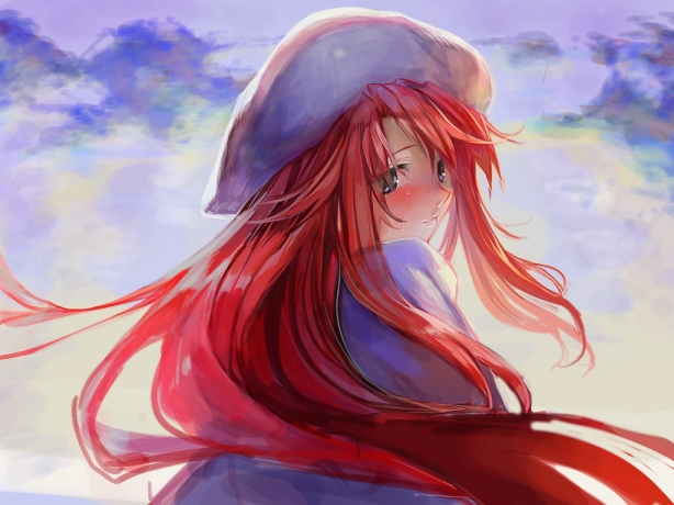 aty, blue_eyes, blush, from_behind, hat, long_hair, motiko, nose