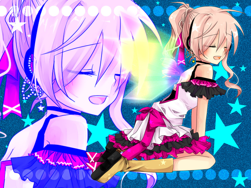 alternate_hairstyle, blush, bluysh, boots, closed_eyes, dress, frills, hair_ribbon