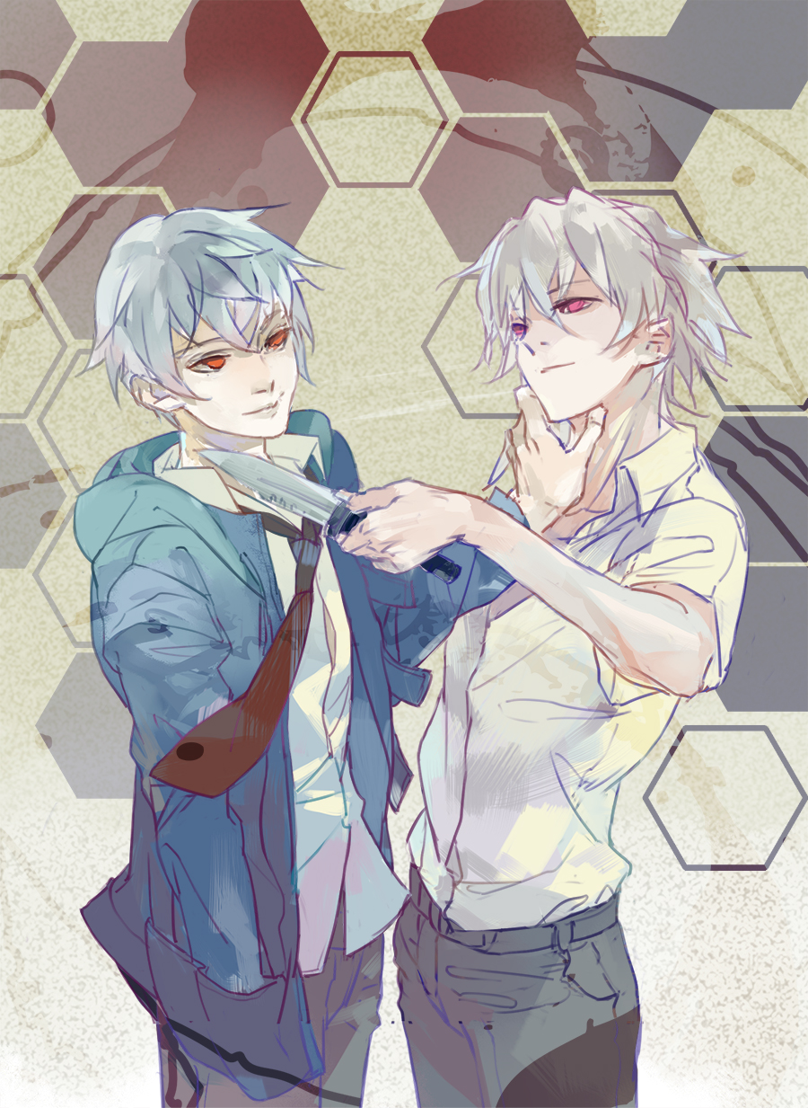 akise_aru, albino, hand_on_another's_neck, hand_on_another's_neck, highres, honeycomb_background, ishida_akira_(seiyuu), knife, look-alike, mirai_nikki, multiple_boys, nagisa_kaworu, necktie, neon_genesis_evangelion, red_eyes, seiyuu_connection, white_hair
