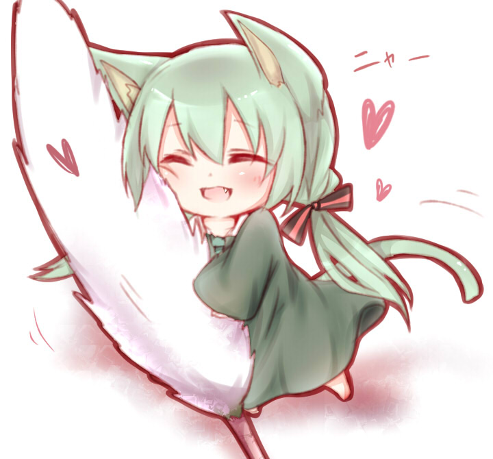 animal_ears, cat_ears, cat_tail, chibi, closed_eyes, dress, eyes_closed, fang