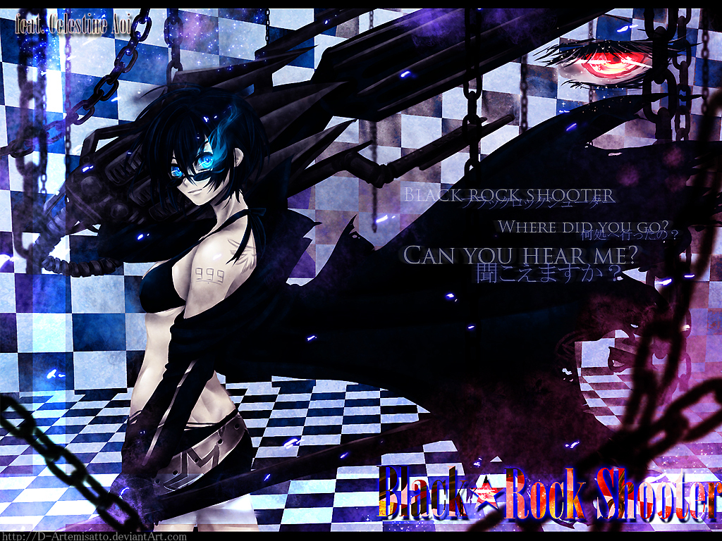 bikini_top, black_hair, black_rock_shooter, black_rock_shooter_(character), blue_eyes, chain, chains, coat