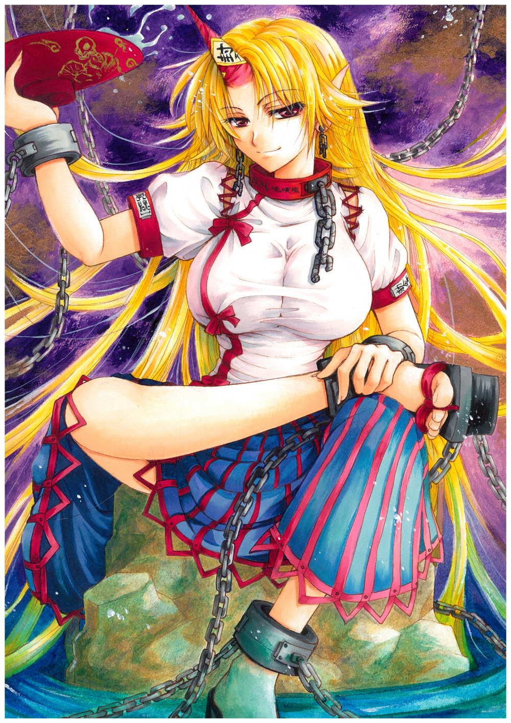acrylic_paint_(medium), ankle_cuffs, blonde_hair, breasts, broken_chains, chain, chains, collar