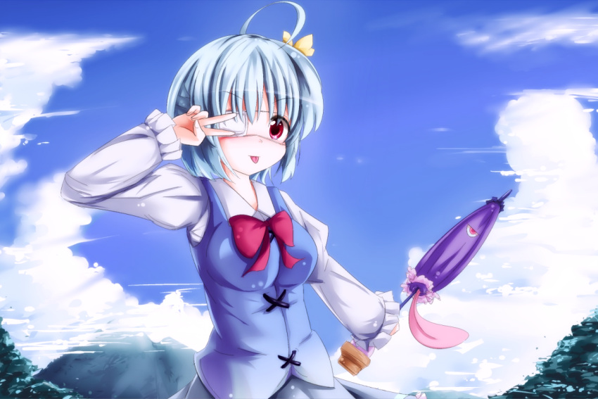 :p, adda, ahoge, blue_hair, bow, chuunibyou_demo_koi_ga_shitai!, cloud, clouds