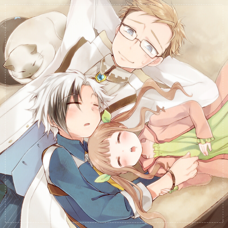 2boys, black_hair, blue_eyes, brothers, brown_hair, cat, closed_eyes, elle_mel_martha