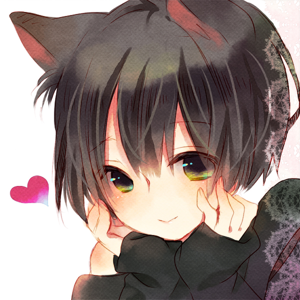 animal_ears, black_hair, bust, cat_ears, heart, looking_at_viewer, original, otsuo