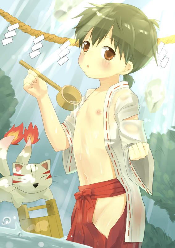 bathing, blush, brown_eyes, brown_hair, bucket, child, hakama, japanese_clothes