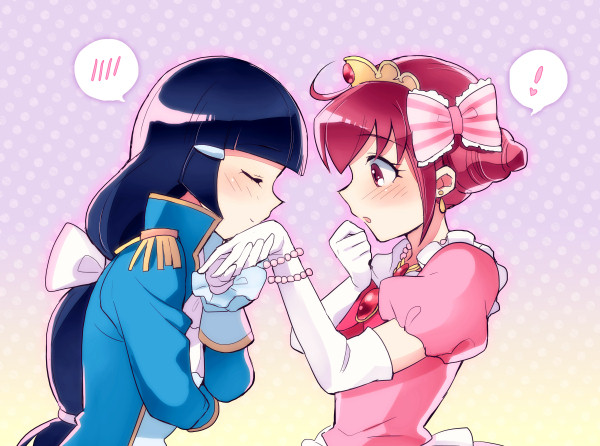 2girls, aoki_reika, blue_hair, blush, closed_eyes, dress, epaulettes, eyes_closed