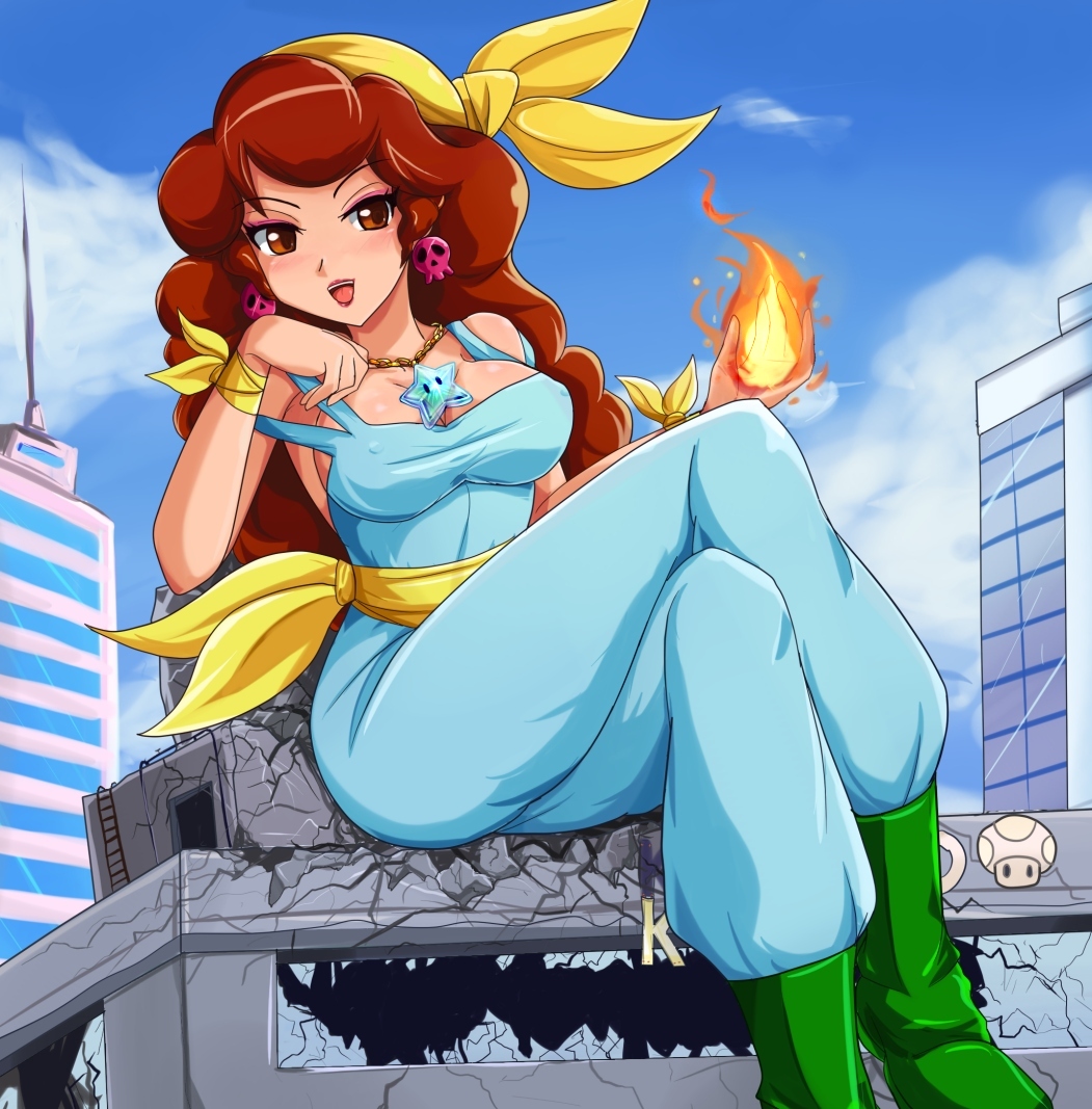 boots, breasts, broken, brown_eyes, brown_hair, building, captain_syrup, cleavage