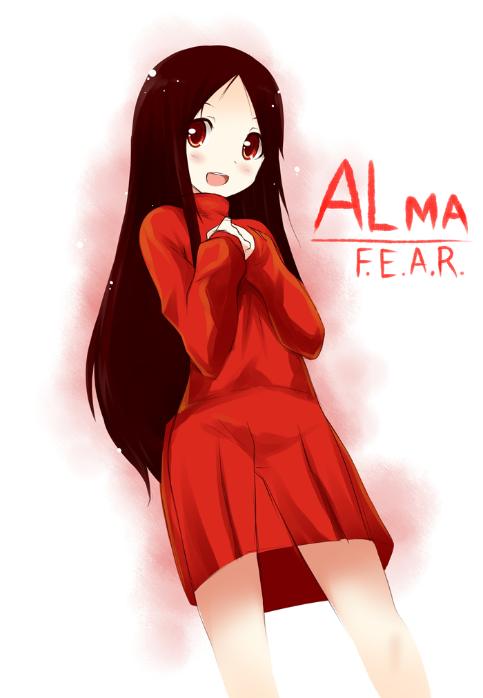 1girl, alma_wade, blush, butter-t, f.e.a.r., long_hair, open_mouth, red_eyes, skirt, smile, solo