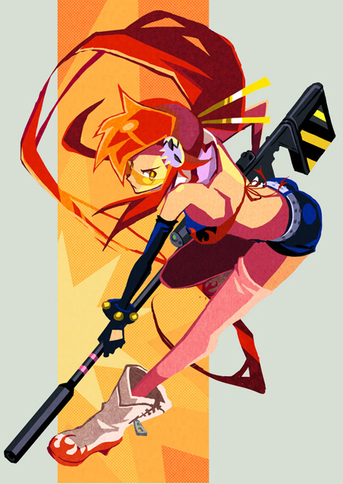 anti-materiel_rifle, belt, bikini_top, boots, elbow_gloves, gloves, gun, long_hair