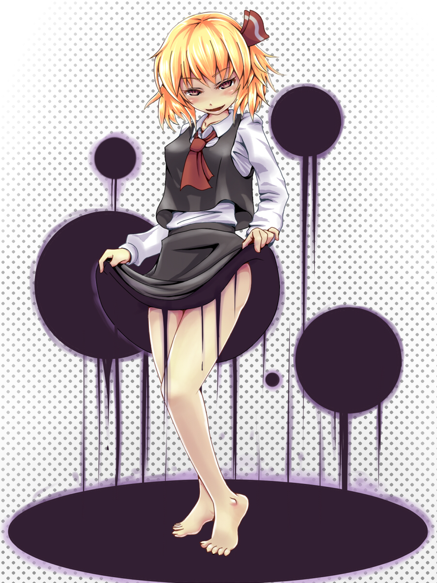 ascot, bare_legs, barefoot, blonde_hair, blush, darkness, hair_ribbon, highres