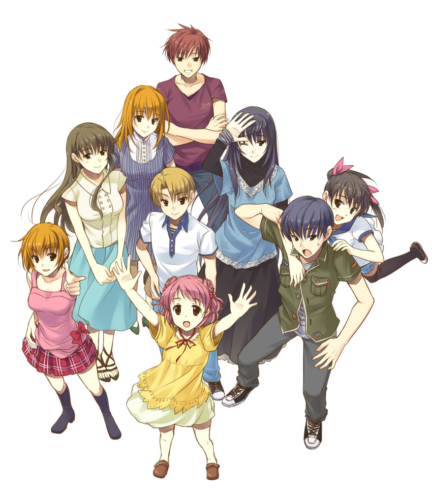 6+girls, akanegasaki_sora, arm_up, arms_up, black_eyes, black_hair, black_legwear, blue_hair