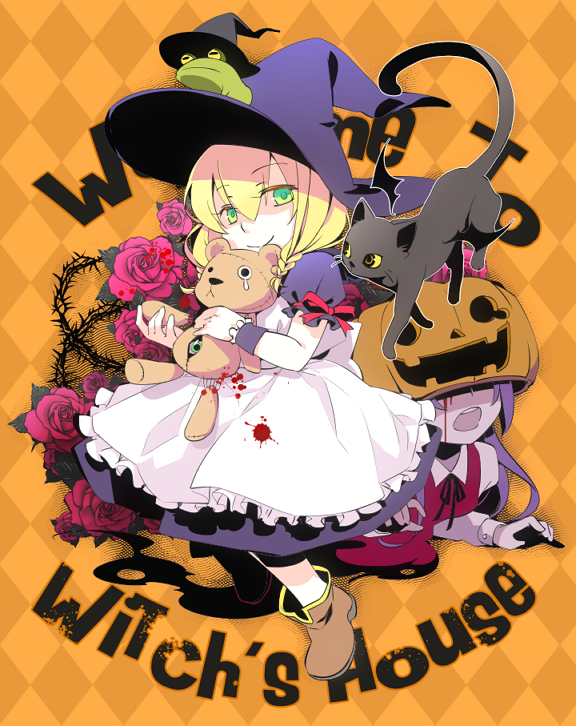 animal, bat_wings, blonde_hair, blood, braid, cat, ellen_(majo_no_ie), ellen_(the_witch's_house)