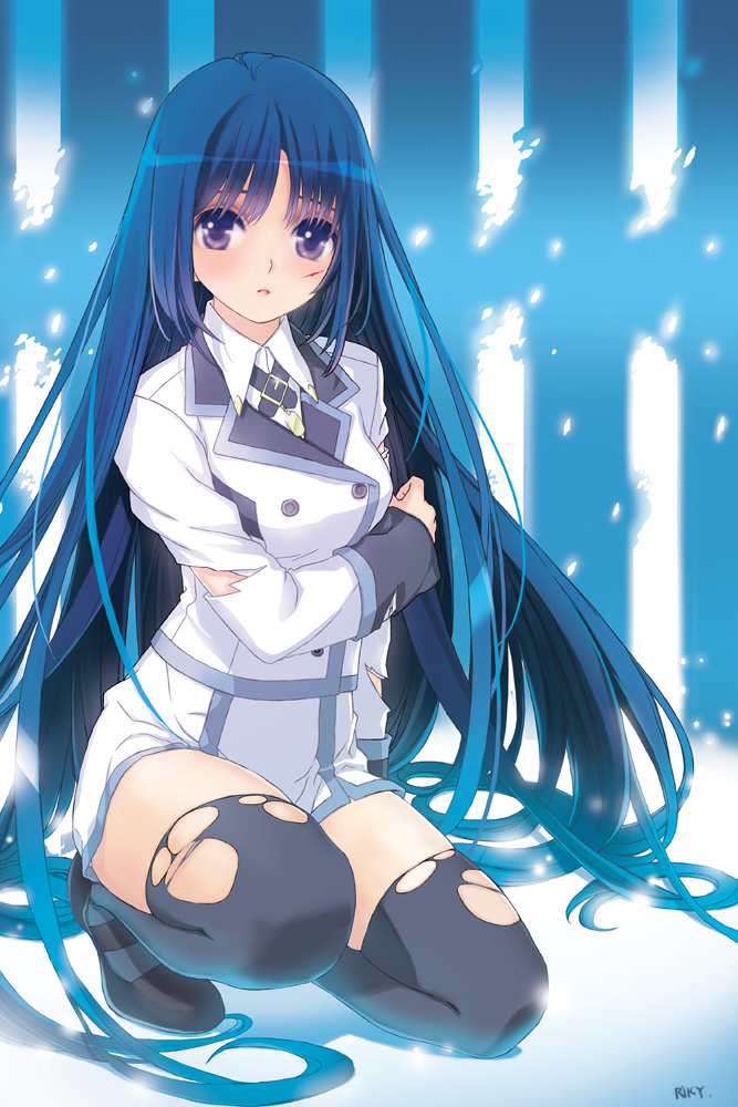artist_name, black_legwear, blazer, blood, blue_hair, cuts, female, injury