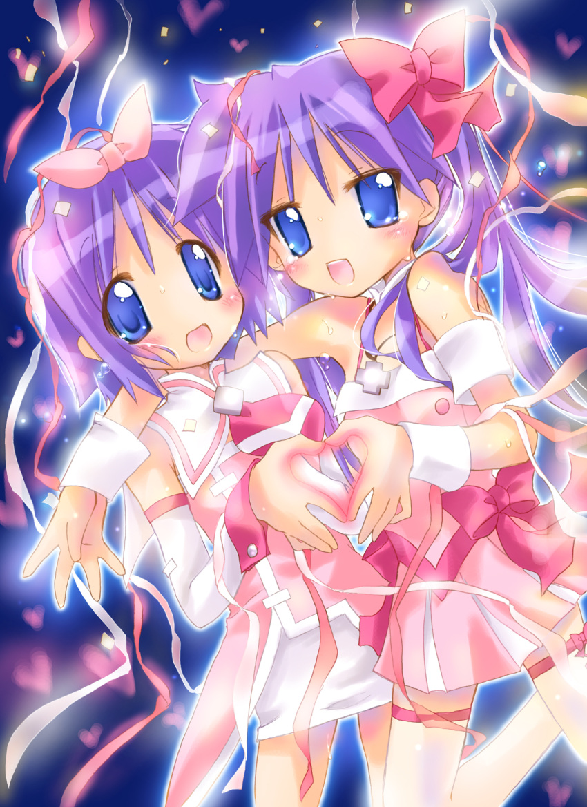 akizuki_ryou_(cosplay), blue_eyes, confetti, cosplay, cute_&amp;_girly_(idolmaster), heart, heart_hands, heart_hands_duo, highres, hiiragi_kagami, hiiragi_tsukasa, idolmaster, long_hair, lucky_star, mizutani_eri, mizutani_eri_(cosplay), nyanmilla, purple_hair, short_hair, siblings, sisters, thigh-highs, thighhighs, twintails