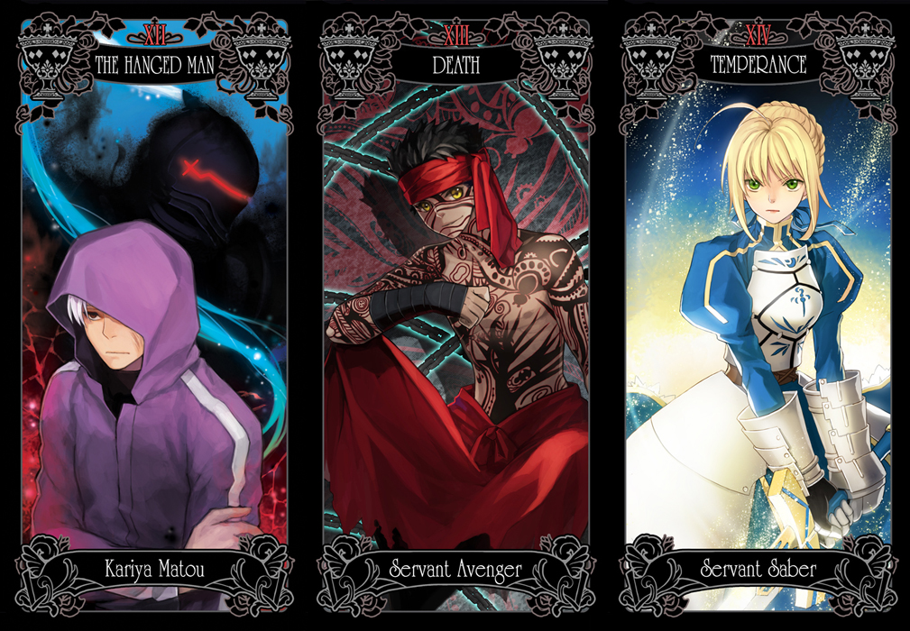 3boys, ahoge, armor, armored_dress, avenger, berserker_(fate/zero), black_hair, blonde_hair, chain, chains, character_name, dark_skin, death_(tarot_card), dress, excalibur, fate/hollow_ataraxia, fate/stay_night, fate/zero, fate_(series), full_body_tattoo, gauntlets, green_eyes, hair_ribbon, headband, helmet, hoodie, juliet_sleeves, long_sleeves, matou_kariya, multiple_boys, puffy_sleeves, ribbon, riki_(elseeker), saber, sword, tarot, tattoo, temperance_(tarot_card), the_hanged_man, weapon, yellow_eyes