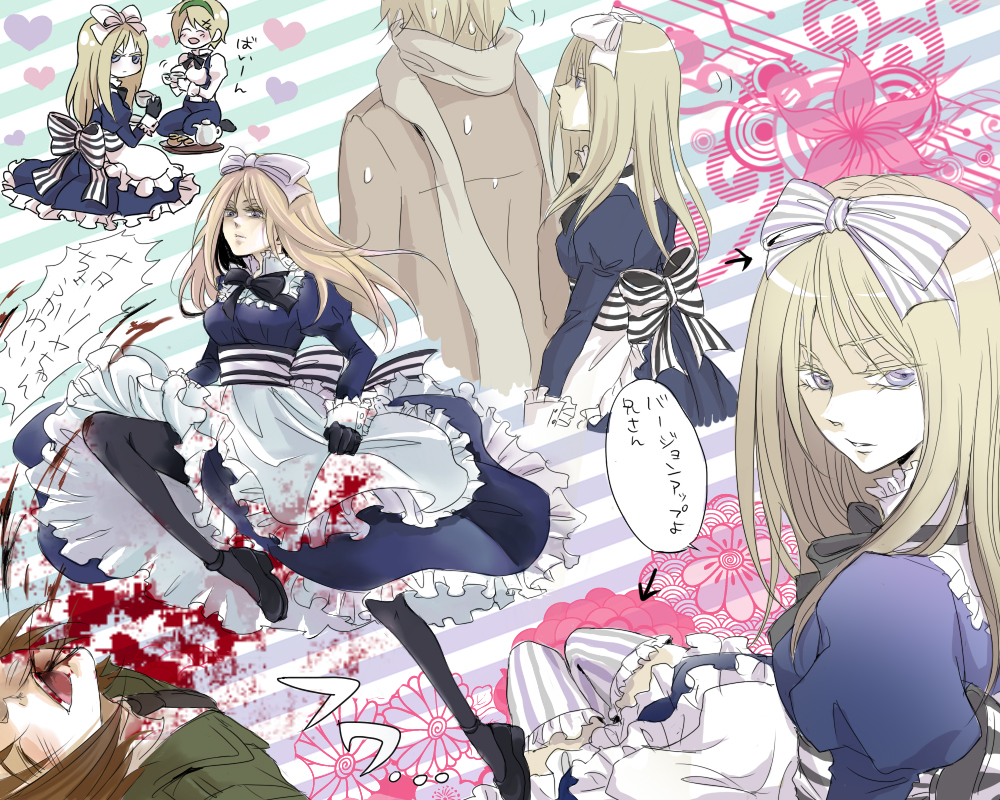 belarus_(hetalia), blood, blue_eyes, bow, brown_hair, cup, dress, flower