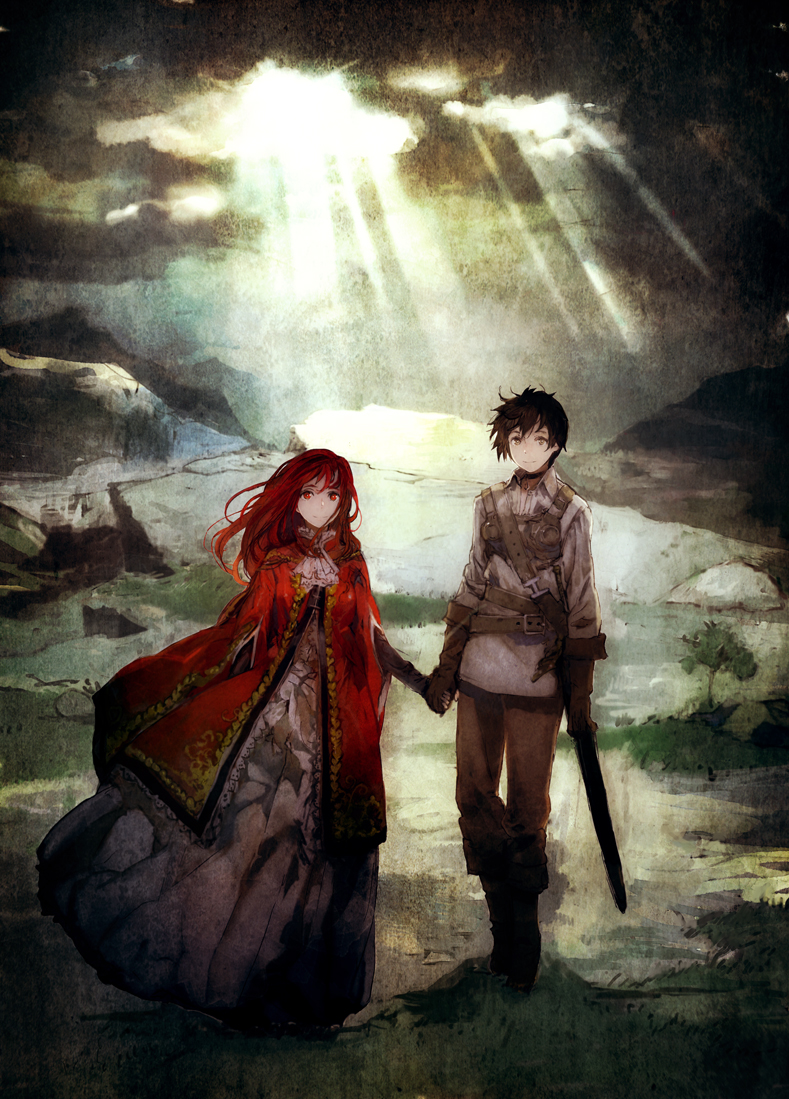 character_request, cloud, clouds, dress, gloves, hand_holding, holding_hands, maou_(maoyuu)
