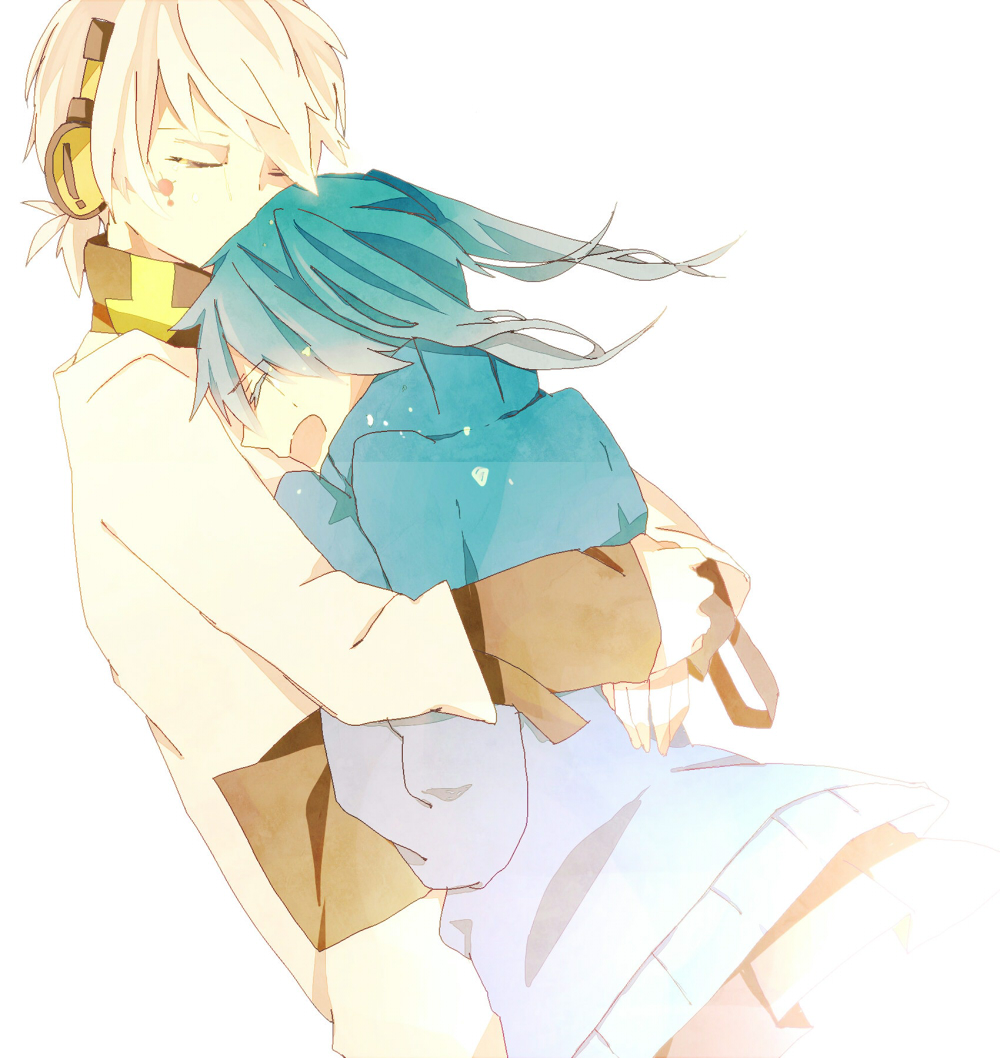1girl, closed_eyes, ene_(kagerou_project), ene_no_dennou_kikou_(vocaloid), eyes_closed, green_hair, headphones, hug