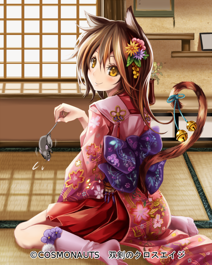animal_ears, bell, blush, bow, brown_eyes, brown_hair, cat_ears, cat_tail, character_request, flower, hair_flower, hair_ornament, holding, i-la, japanese_clothes, long_hair, mouse, sitting, smile, solo, souken_no_cross_age, tail, tail_bell, tatami, wariza