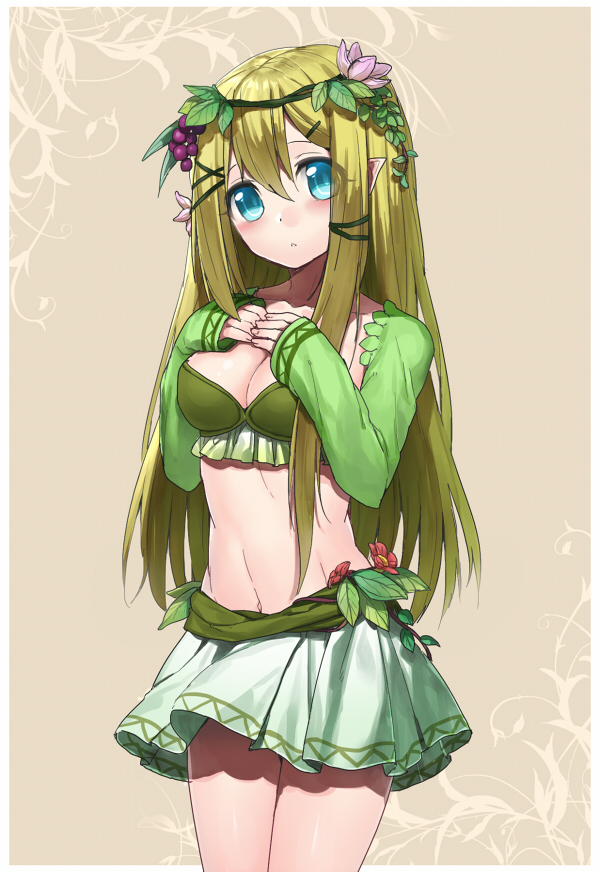 aqua_eyes, blonde_hair, blush, breasts, cleavage, collarbone, detached_sleeves, elf