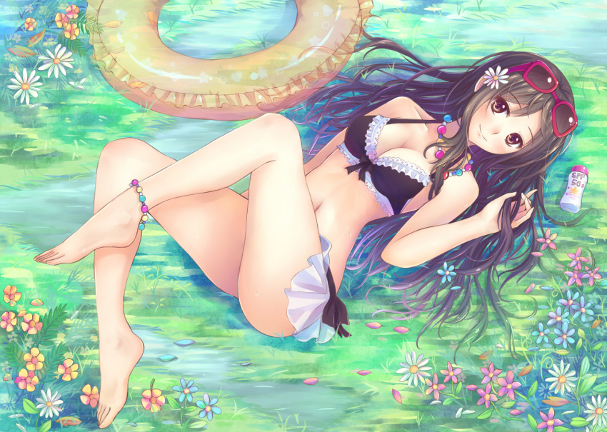 anklet, barefoot, bikini, bikini_skirt, black_hair, bottle, brown_hair, feet