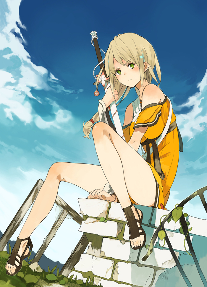 blonde_hair, blush, cloud, clouds, dress, flower, grass, green_eyes