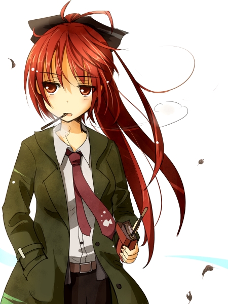 alternate_costume, belt, blush, hand_in_pocket, holding, long_hair, long_ponytail, mahou_shoujo_madoka_magica