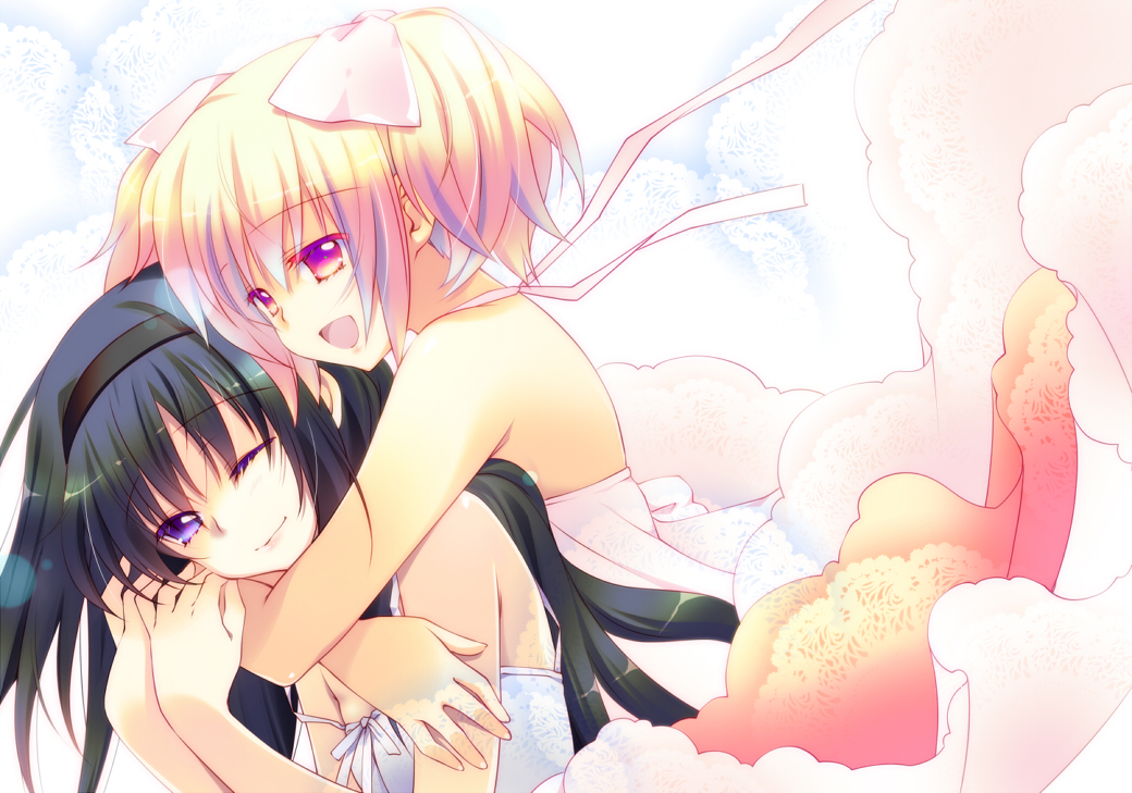 :d, ;), akemi_homura, black_hair, blush, dress, hair_ribbon, hairband, hug, hug_from_behind, kaname_madoka, long_hair, mahou_shoujo_madoka_magica, multiple_girls, open_mouth, pink_eyes, pink_hair, purple_eyes, ribbon, shiratama_(fukuya), smile, tama_two_(fukuya), twintails, violet_eyes, wink