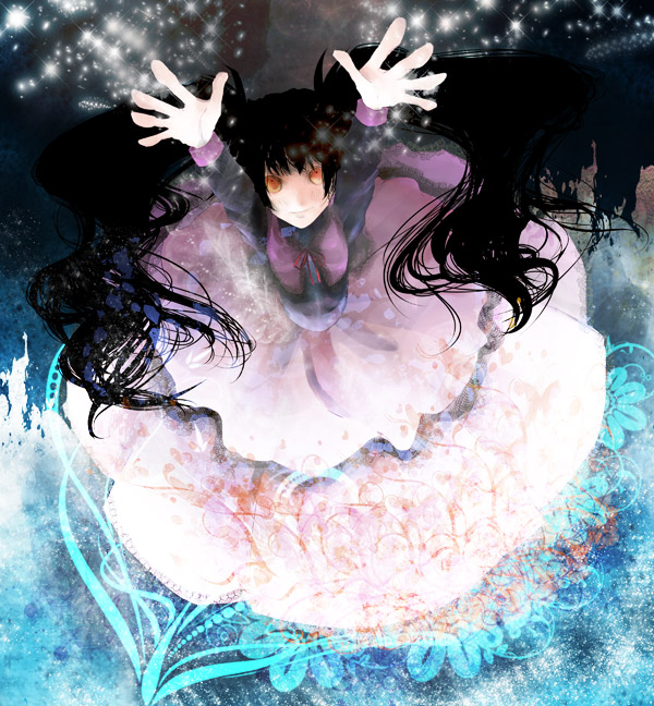 aqua_(himawari), aqua_(himawari_game), arms_up, black_hair, dress, flower, from_above, himawari, himawari_-pebble_in_the_sky-, long_hair, looking_up, orange_eyes, smile, solo, sparkle, toukoku_sasaiko, twintails, very_long_hair, vest