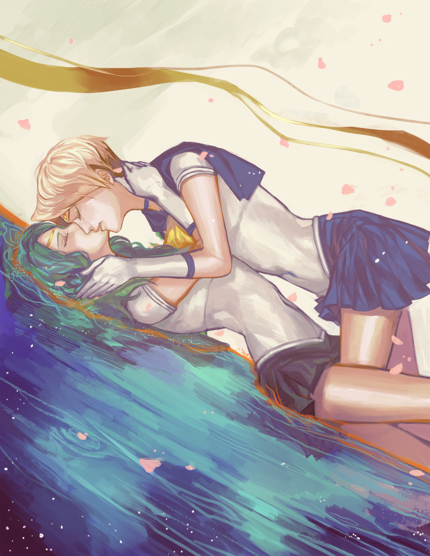 absurdres, aqua_hair, bishoujo_senshi_sailor_moon, blonde_hair, closed_eyes, eyes_closed, hair_grab, highres