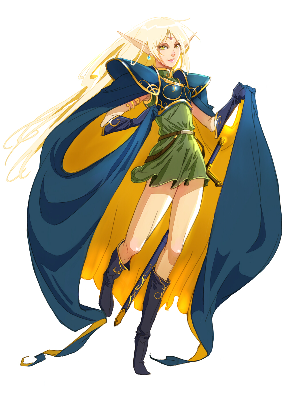 armor, belt, blonde_hair, boots, breastplate, cape, clothes_grab, deedlit, dress, elbow_gloves, elf, full_body, gloves, green_dress, highres, long_hair, pauldrons, pointy_ears, rapier, record_of_lodoss_war, running, short_dress, sleeveless, sleeveless_dress, solo, sword, weapon, white_background, yana_yana, yellow_eyes
