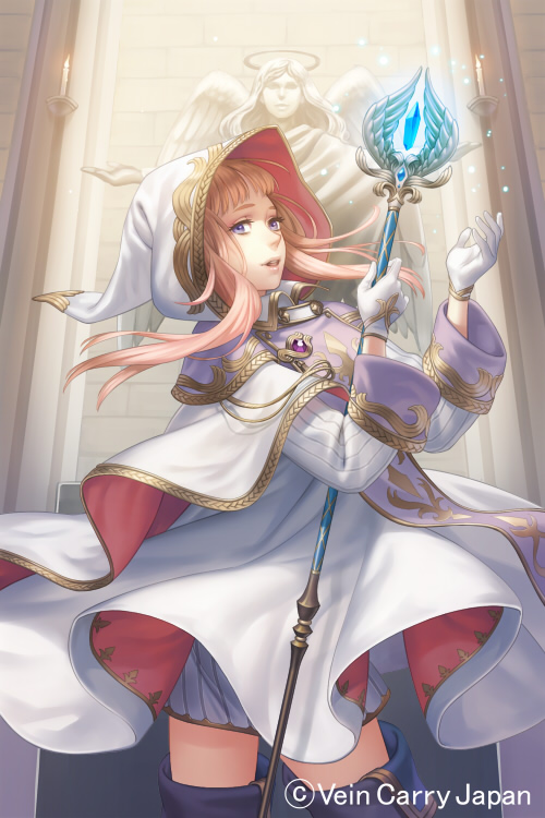 blonde_hair, boots, candle, cloak, copyright_request, esukee, gloves, holding, long_hair, looking_at_viewer, purple_eyes, solo, soukoku_no_regalia, staff, statue, thigh-highs, thigh_boots, thighhighs, violet_eyes, watermark, white_gloves