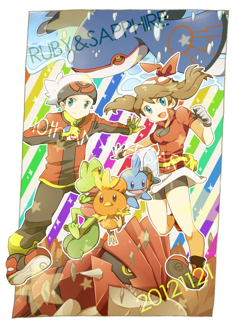 1boy, 1girl, anniversary, bandana, bandanna, bare_legs, bike_shorts, brown_hair