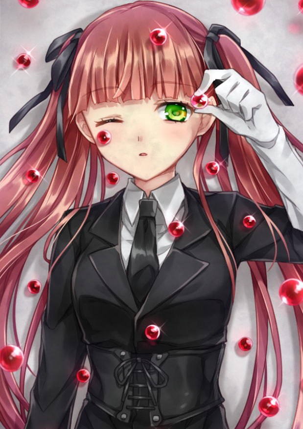 ;o, arcana_famiglia, beads, corset, felicita, gloves, green_eyes, hair_ribbon