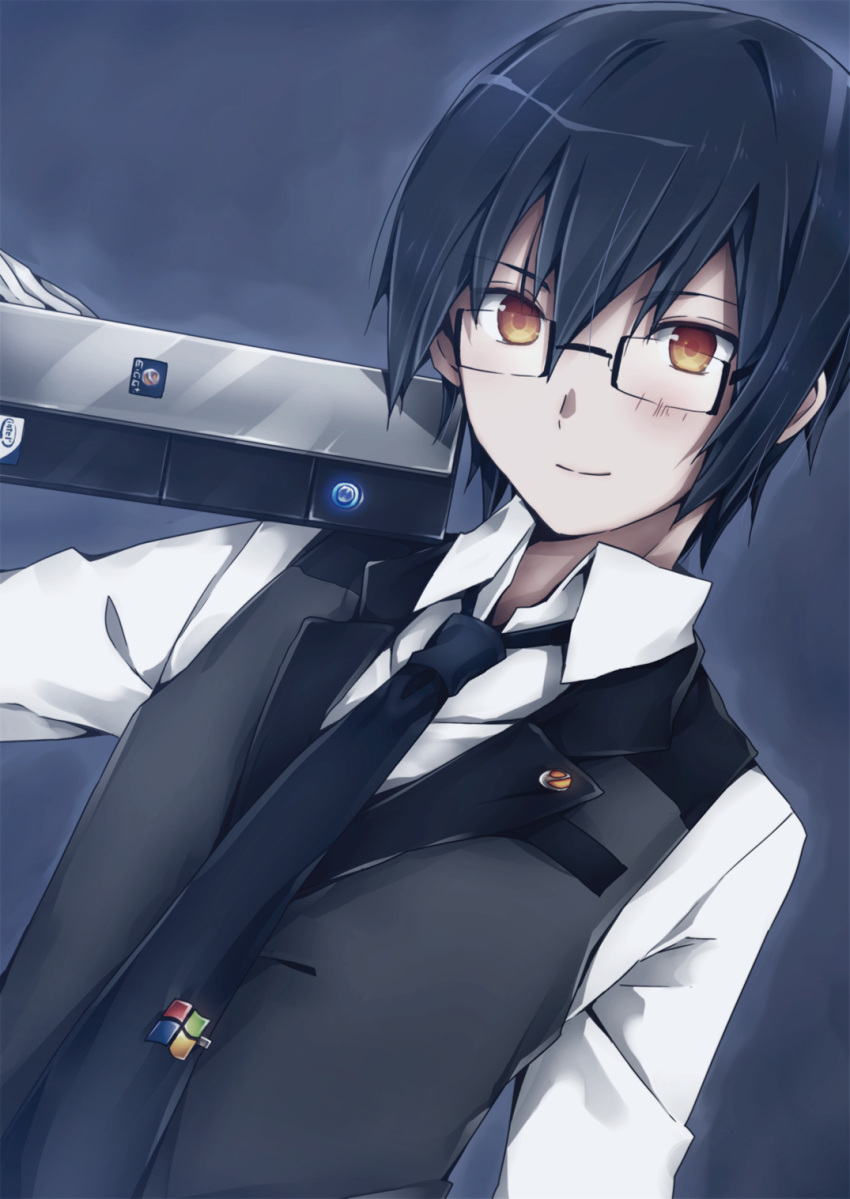 badge, black_hair, blush, brown_hair, computer, dress_shirt, glasses, highres, holding, imomu, intel, looking_at_viewer, male, microsoft, necktie, original, shirt, short_hair, sleeveless_blazer, smile, solo, waistcoat, white_shirt