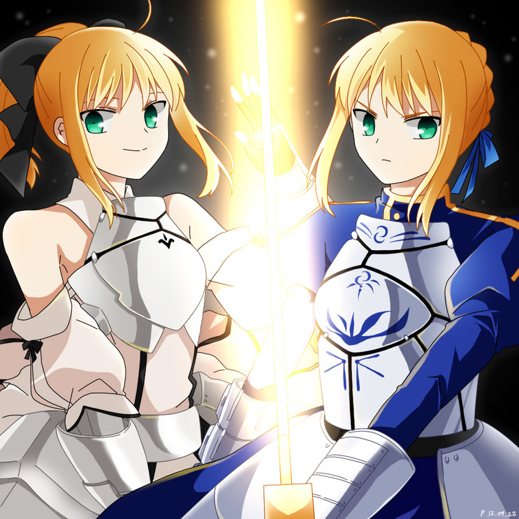 ahoge, armor, armored_dress, bare_shoulders, blonde_hair, bow, detached_sleeves, dress
