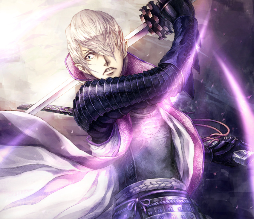 armor, blue_eyes, hair_over_one_eye, highres, ishida_mitsunari_(sengoku_basara), katana, lira_mist, sengoku_basara